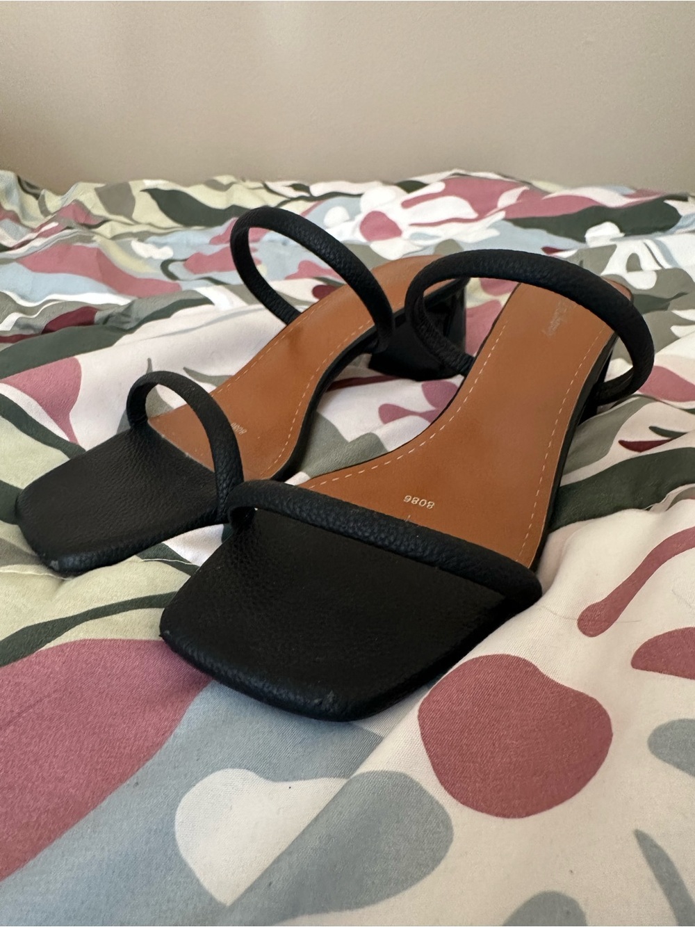 Black Strappy Square-Toe Block Heel Mules / Sandals